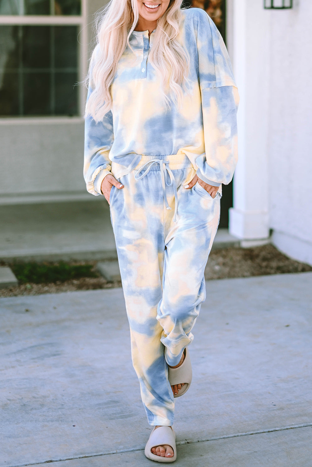 Multicolor Tie Dye Henley Top & Drawstring Pants Set | Fun & Eye-Catching