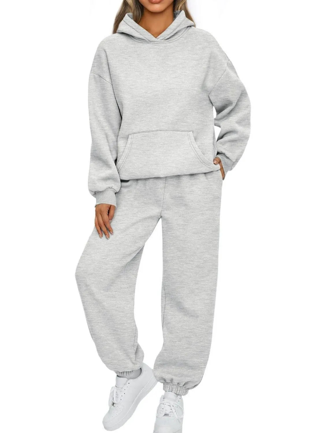 Full Size Kangaroo Pocket Hoodie and Joggers Set Plus Size - Cashmere Daisy