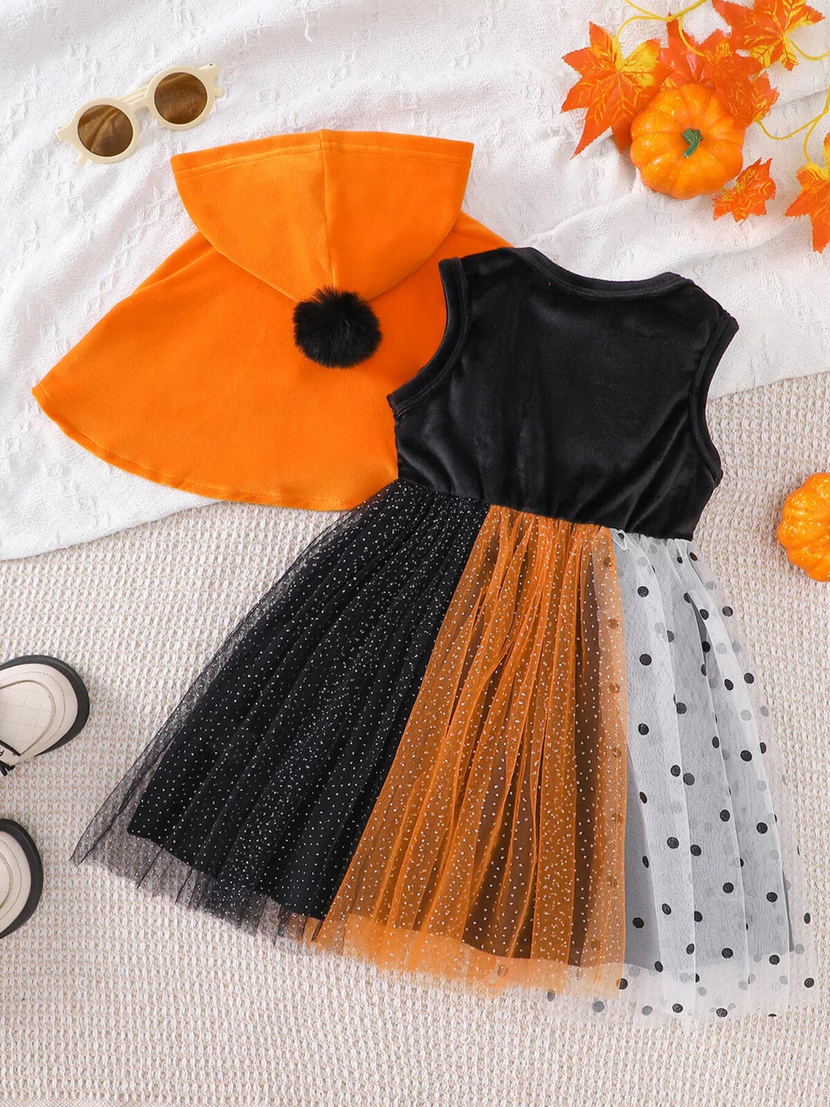 Halloween Little Pumpkin Orange Tulle Dress & Hooded Cape Set 🎃🧡 - Cashmere Daisy