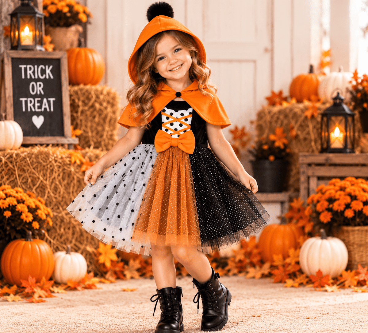 Halloween Little Pumpkin Orange Tulle Dress & Hooded Cape Set 🎃🧡 - Cashmere Daisy