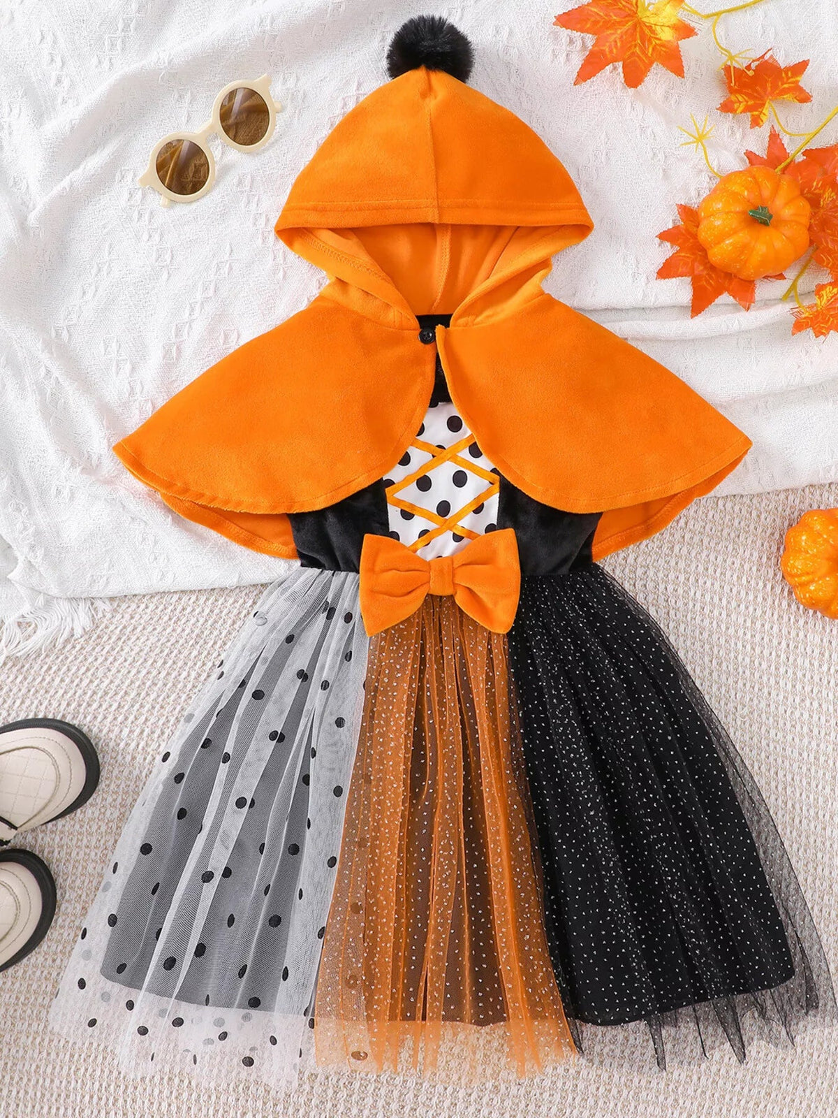 Halloween Little Pumpkin Orange Tulle Dress & Hooded Cape Set 🎃🧡 - Cashmere Daisy