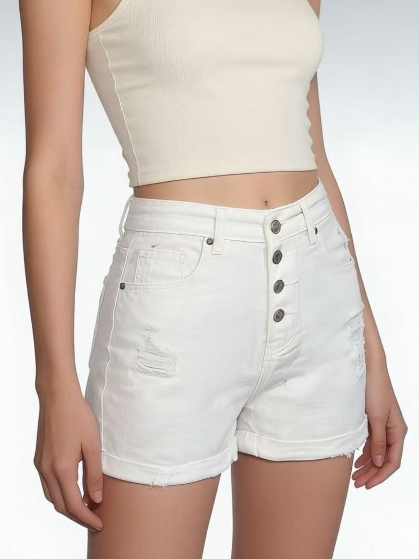 High - Waisted Button - Fly Distressed Denim Shorts - Cashmere Daisy