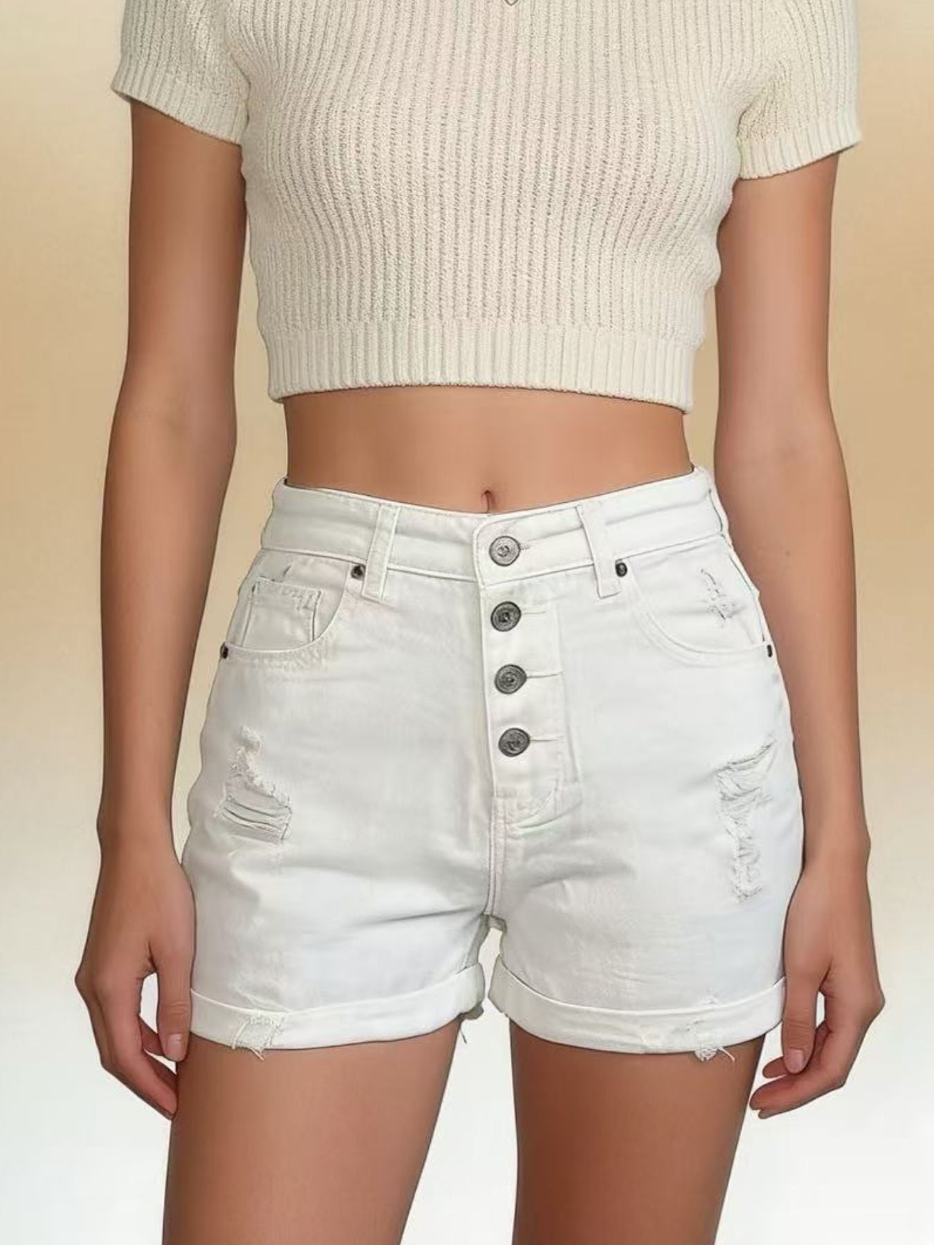 High - Waisted Button - Fly Distressed Denim Shorts - Cashmere Daisy