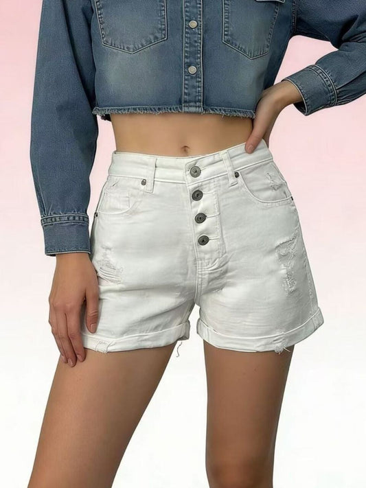 High - Waisted Button - Fly Distressed Denim Shorts - Cashmere Daisy
