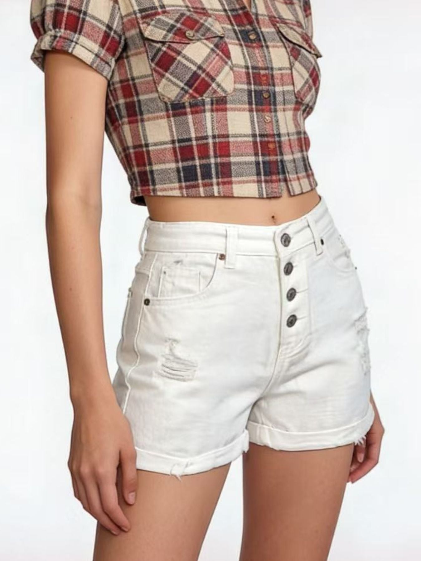 High - Waisted Button - Fly Distressed Denim Shorts - Cashmere Daisy
