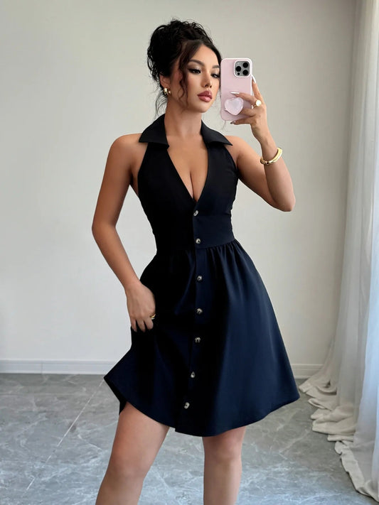 Maid Inspired Black Button Mini Dress - Cashmere Daisy