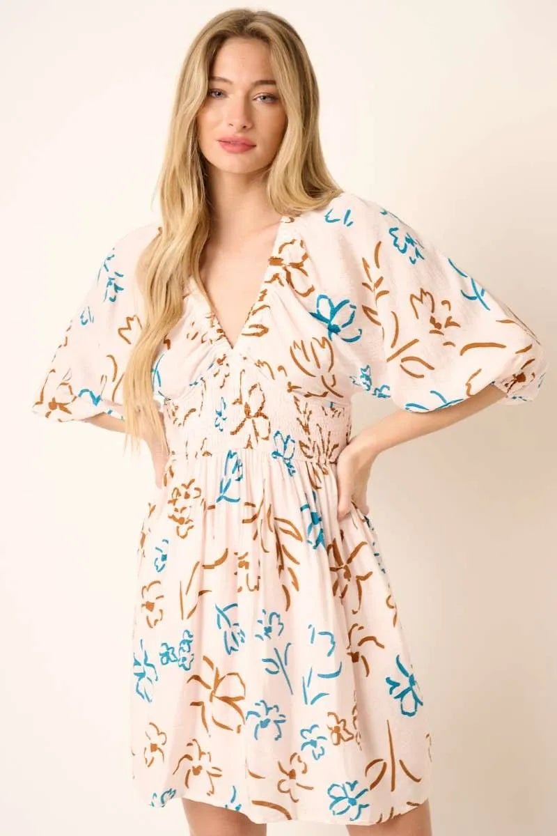 Mittoshop Floral Mini Dress – Smocked Waist & Button Detail - Cashmere Daisy