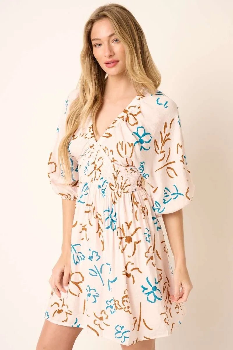 Mittoshop Floral Mini Dress – Smocked Waist & Button Detail - Cashmere Daisy