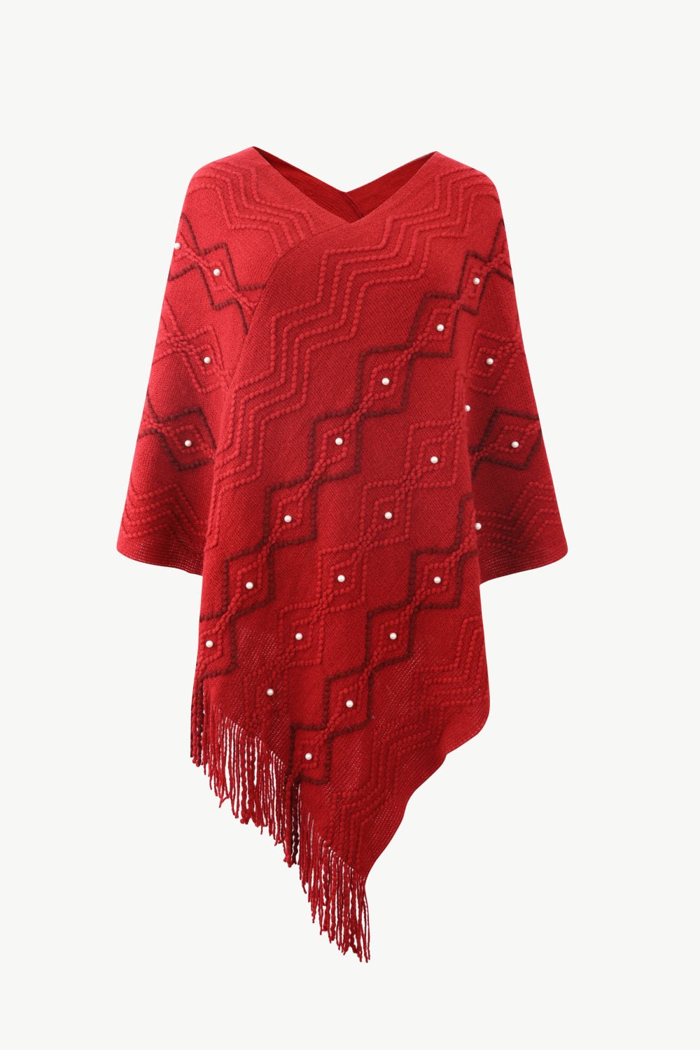 Pearl Trim V - Neck Fringe Hem Poncho - Cashmere Daisy
