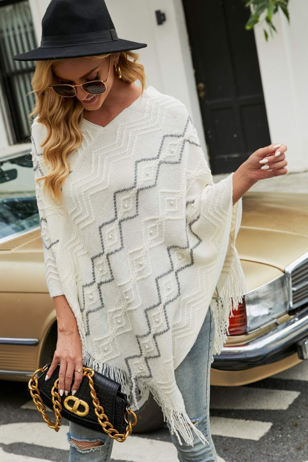 Pearl Trim V - Neck Fringe Hem Poncho - Cashmere Daisy