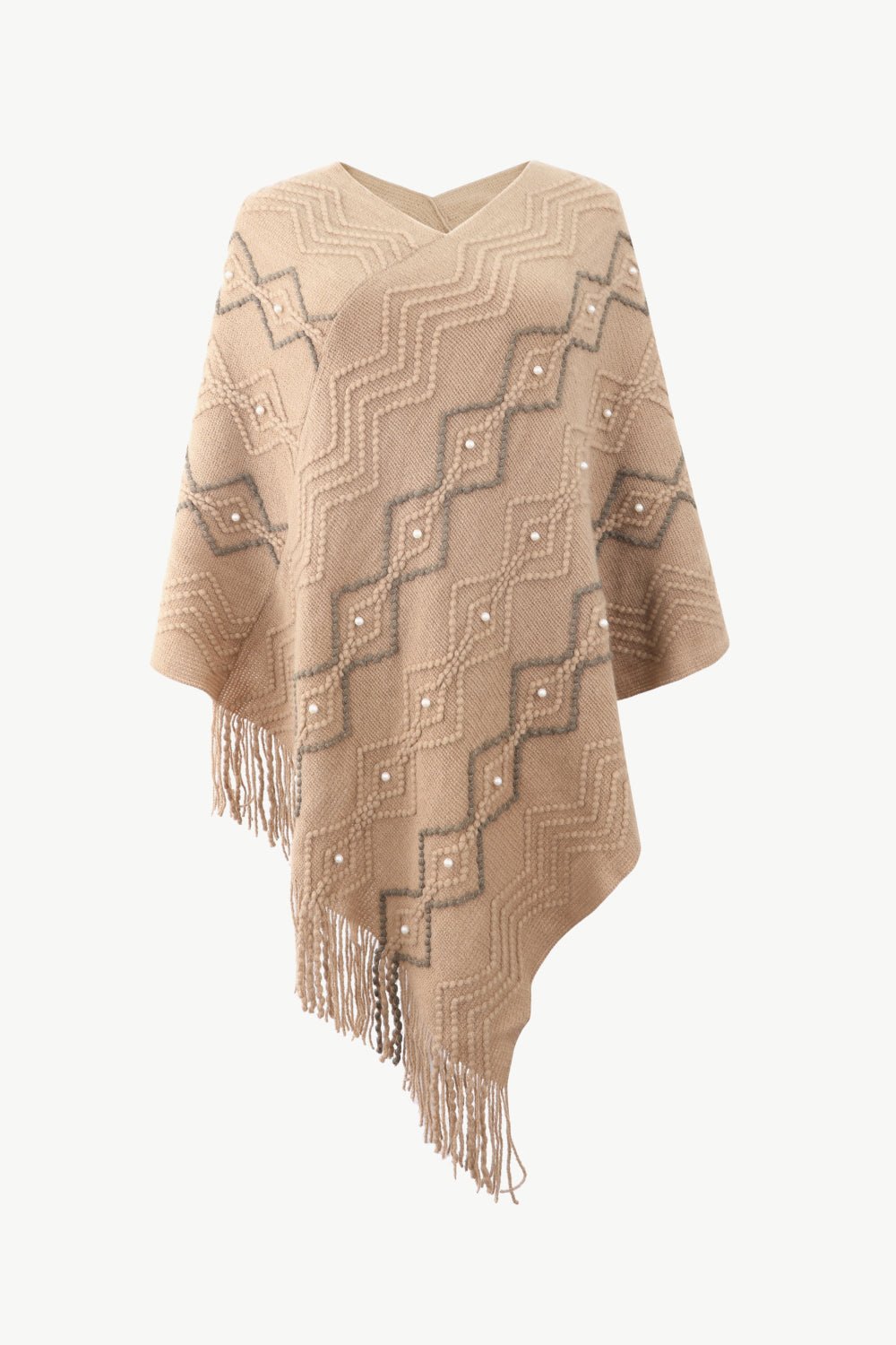 Pearl Trim V - Neck Fringe Hem Poncho - Cashmere Daisy