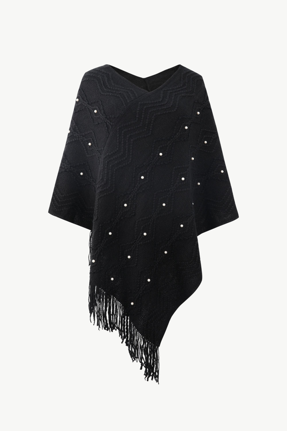 Pearl Trim V - Neck Fringe Hem Poncho - Cashmere Daisy