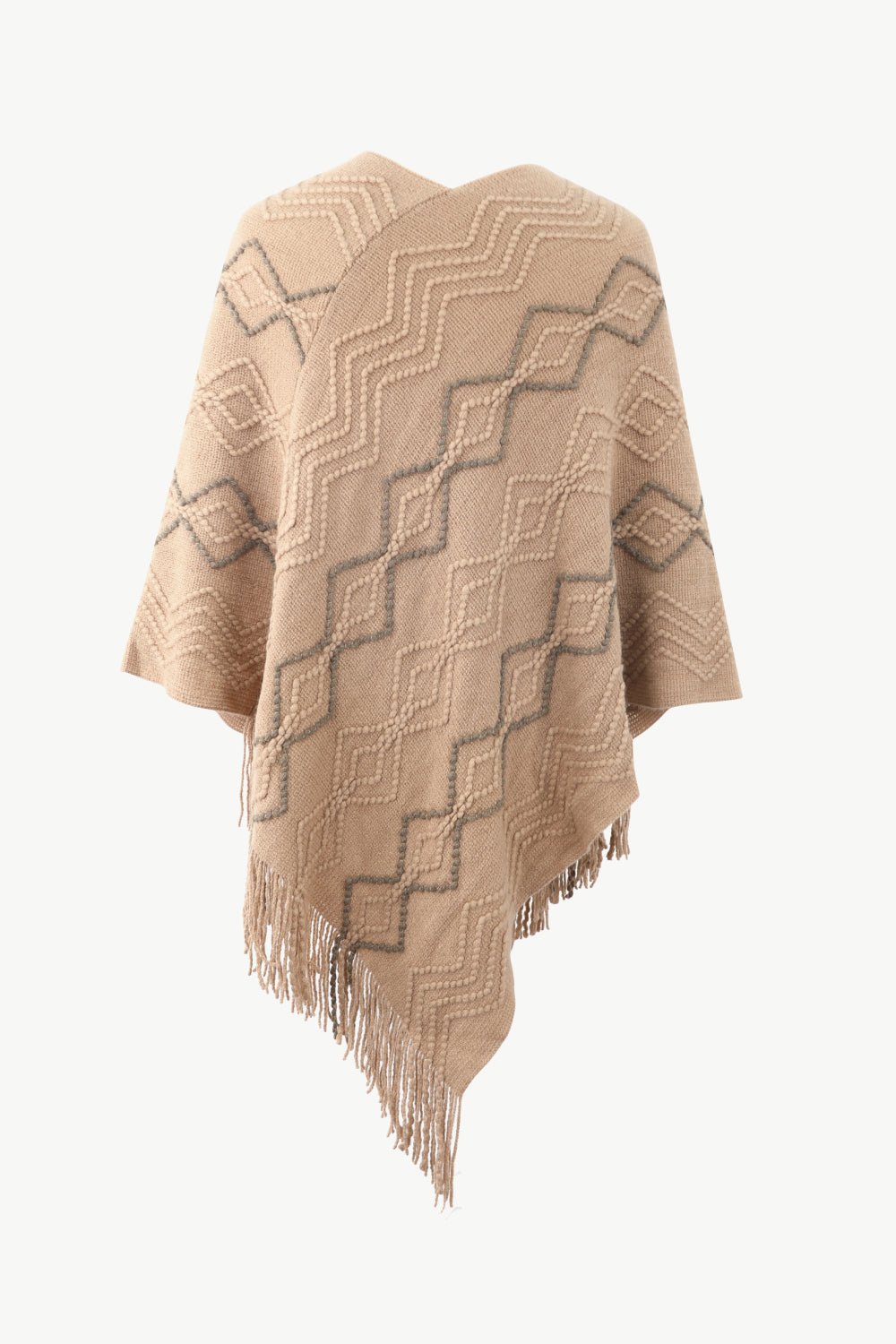 Pearl Trim V - Neck Fringe Hem Poncho - Cashmere Daisy