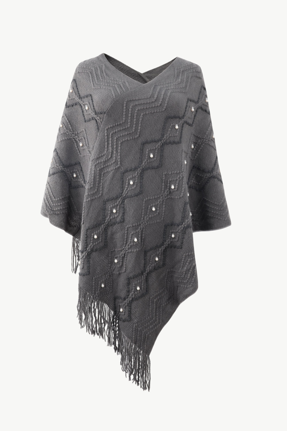 Pearl Trim V - Neck Fringe Hem Poncho - Cashmere Daisy