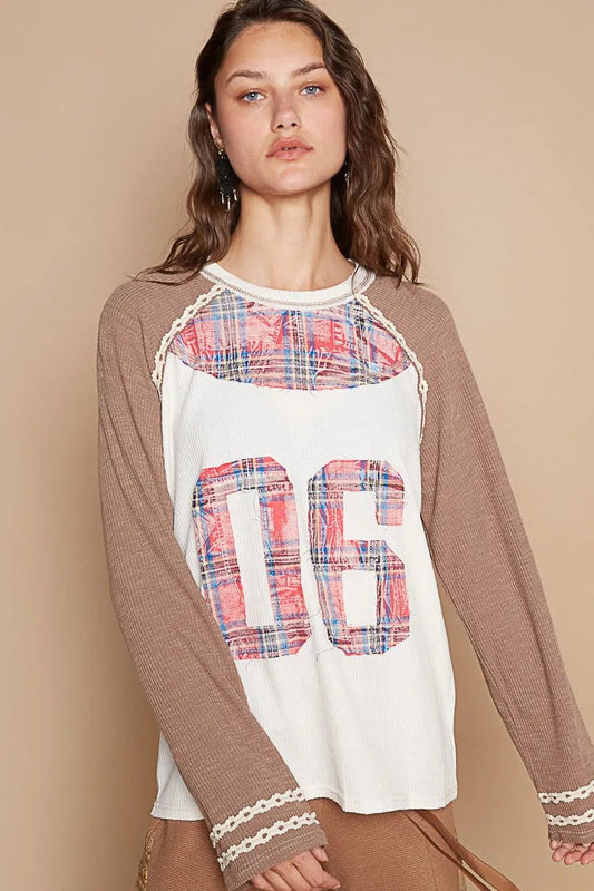 POL Plaid 06 Raglan Sleeve T-Shirt – Mocha Retro Varsity Top - Limited stock – grab your size now! - Cashmere Daisy