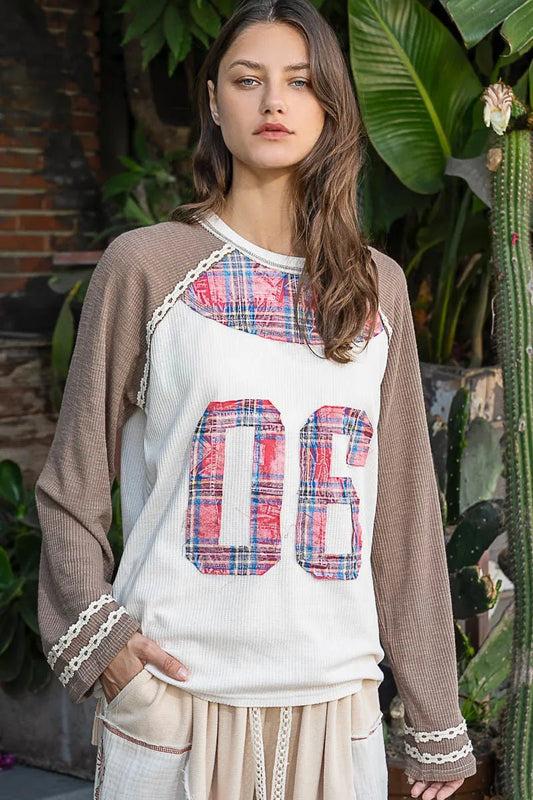 POL Plaid 06 Raglan Sleeve T-Shirt – Mocha Retro Varsity Top - Limited stock – grab your size now! - Cashmere Daisy