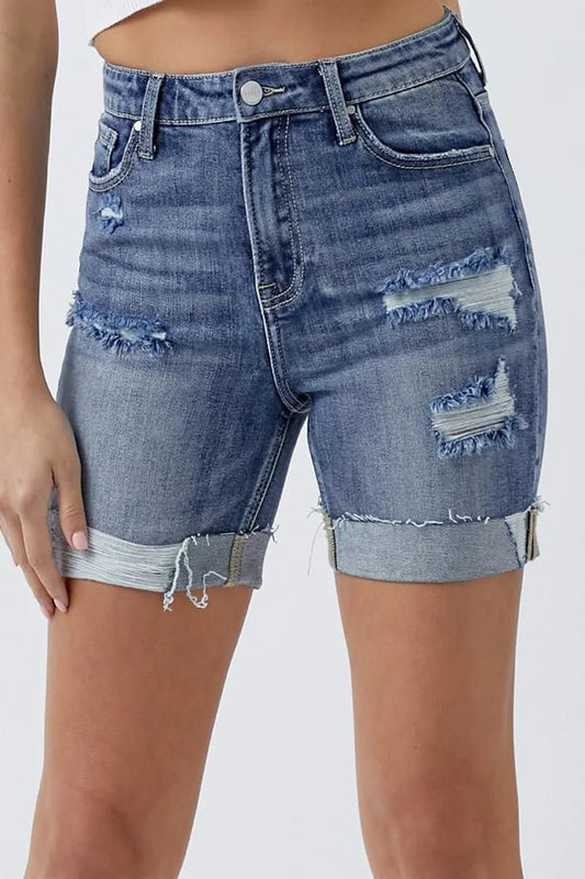 RISEN Distressed Denim Shorts – Rolled Hem & Pockets (Full Size Range) - Cashmere Daisy