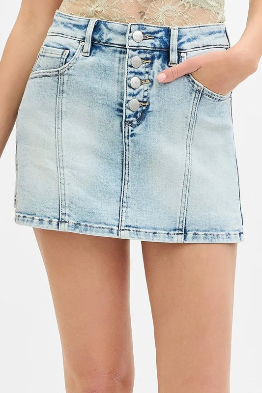 RISEN High Rise Button - Down Denim Skort – Light Wash - Cashmere Daisy