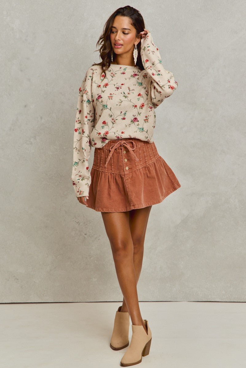 SO ME Mineral Wash Pintucked Corduroy Mini Flared Skirt - Cashmere Daisy