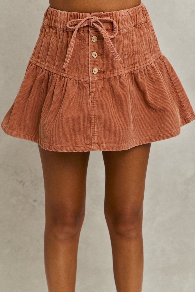 SO ME Mineral Wash Pintucked Corduroy Mini Flared Skirt - Cashmere Daisy