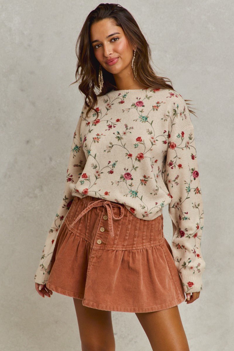 SO ME Mineral Wash Pintucked Corduroy Mini Flared Skirt - Cashmere Daisy