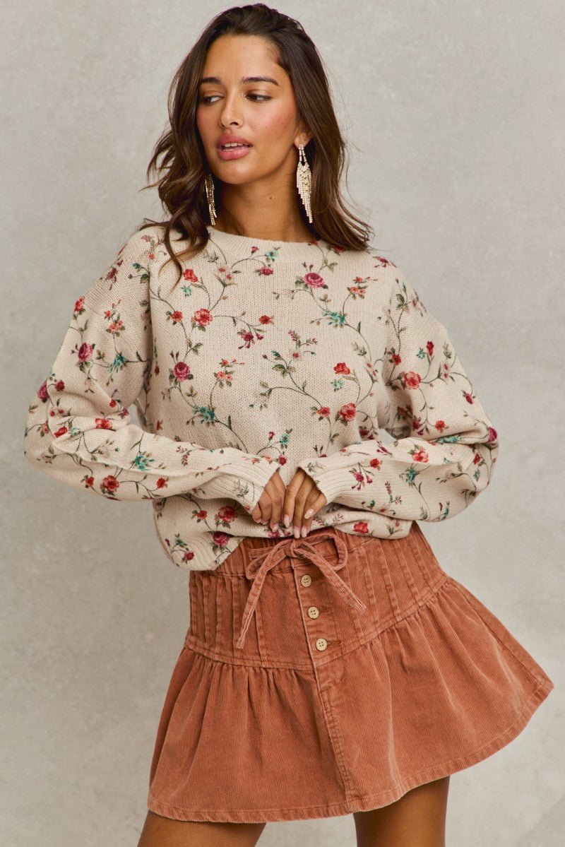 SO ME Mineral Wash Pintucked Corduroy Mini Flared Skirt - Cashmere Daisy