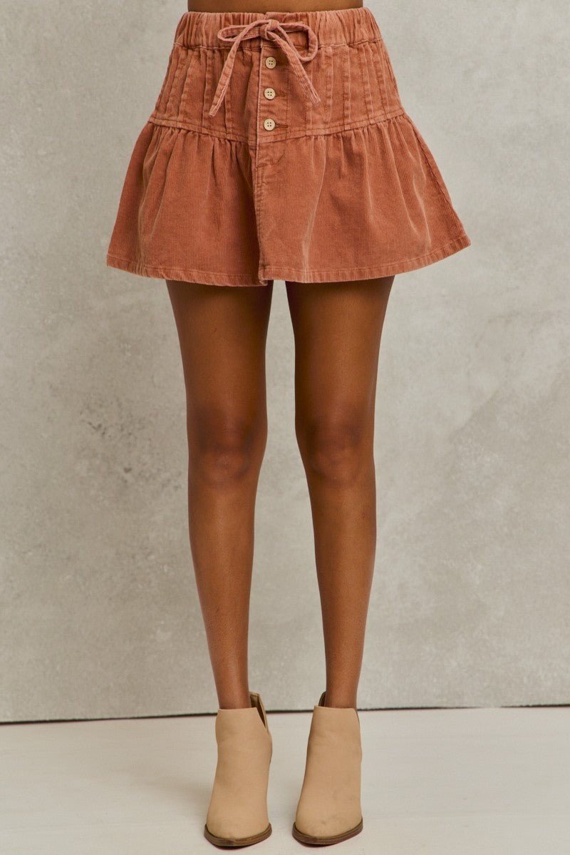 SO ME Mineral Wash Pintucked Corduroy Mini Flared Skirt - Cashmere Daisy