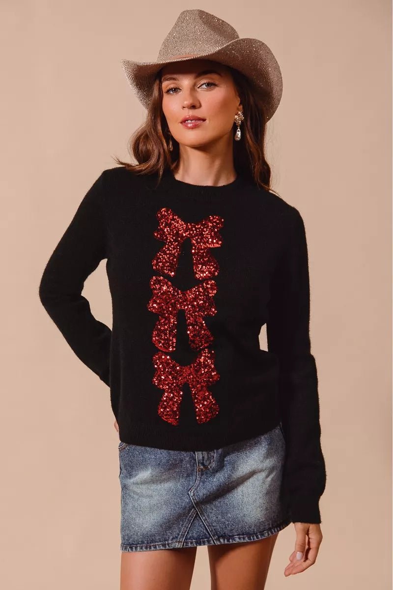SO ME Sequins Bow Ribbon Embellished Christmas Sweater - Cashmere Daisy
