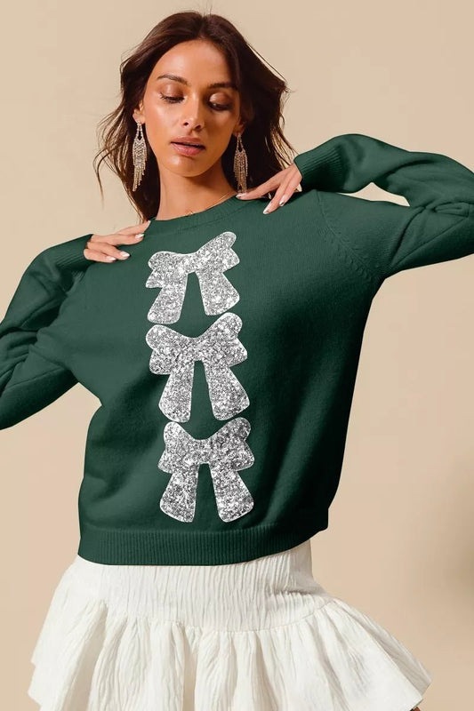 SO ME Sequins Bow Ribbon Embellished Christmas Sweater - Cashmere Daisy