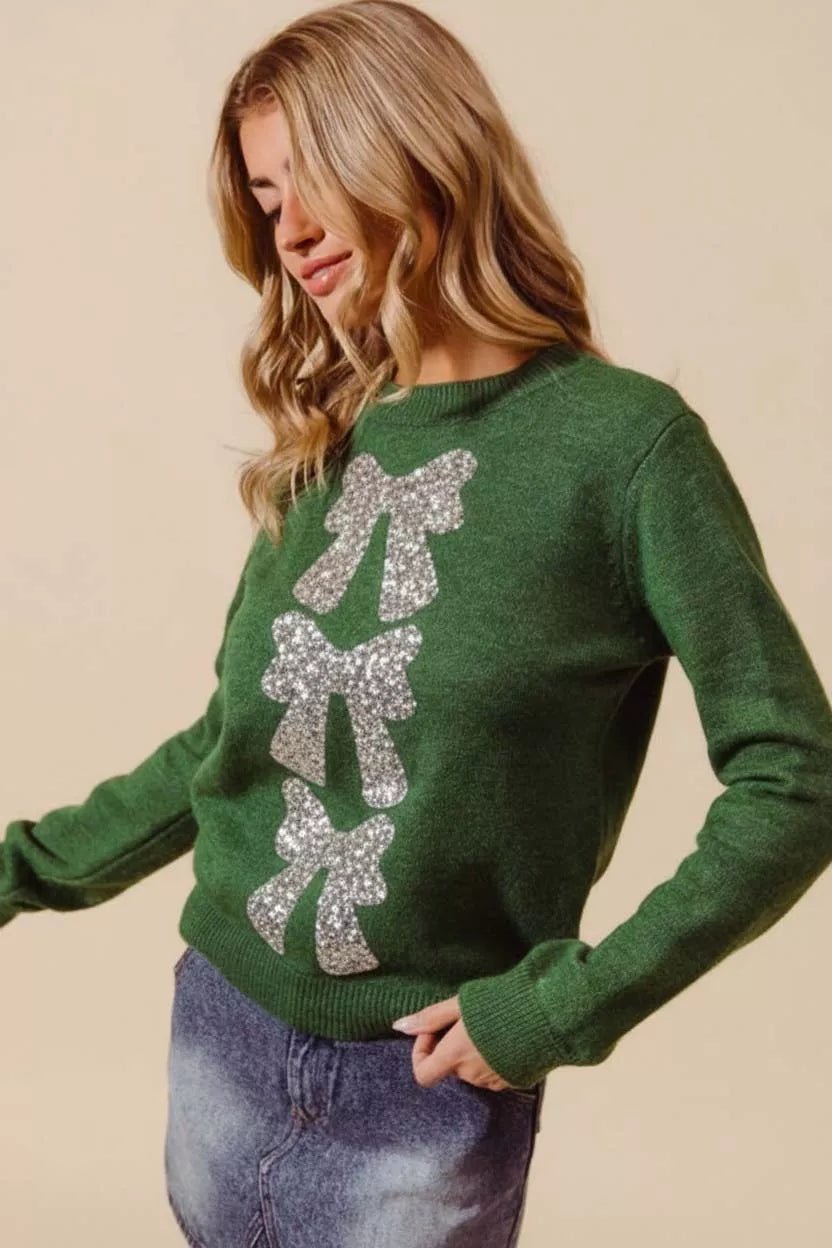 SO ME Sequins Bow Ribbon Embellished Christmas Sweater - Cashmere Daisy