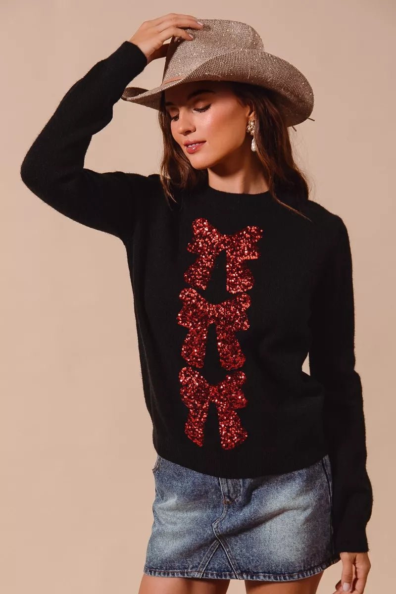SO ME Sequins Bow Ribbon Embellished Christmas Sweater - Cashmere Daisy