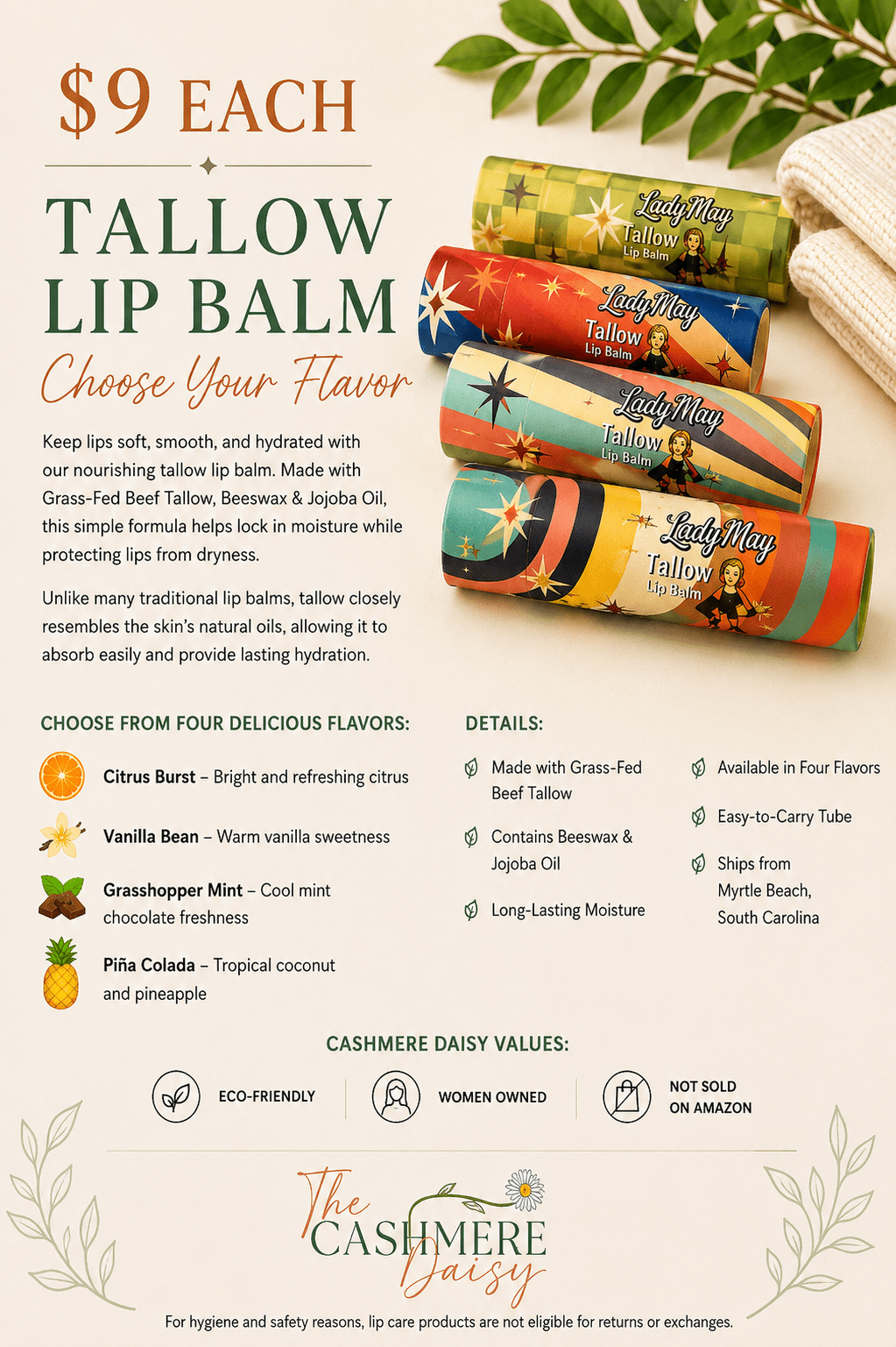 Tallow Lip Balm – Choose Your Flavor - Cashmere Daisy
