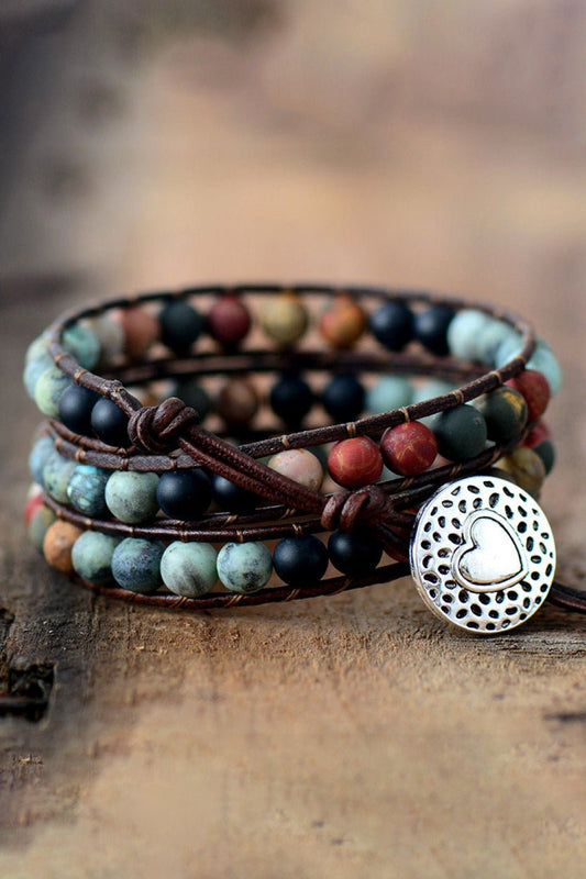 Triple Layer Beaded Agate Bracelet – Handmade Earth - Tone Wrap - Cashmere Daisy