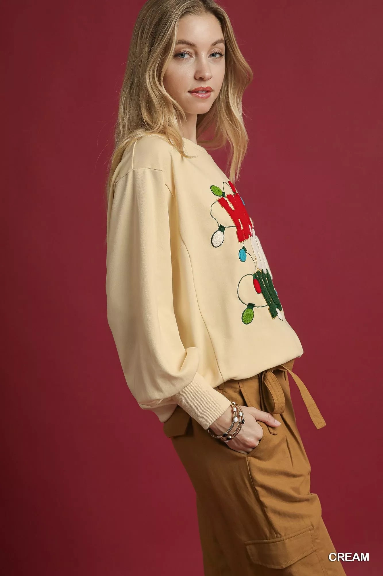 Umgee HO Applique French Terry Sweatshirt - Cashmere Daisy
