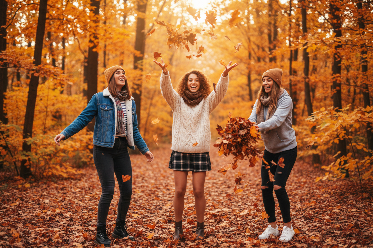 young fashion women playing in leaves dressed for fall in on in a sweater one in a jean jacket on in a hoodie 