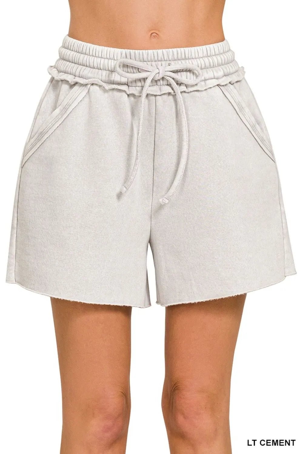 Zenana Acid Wash Fleece Shorts – Drawstring Waist & Pockets - Cashmere Daisy